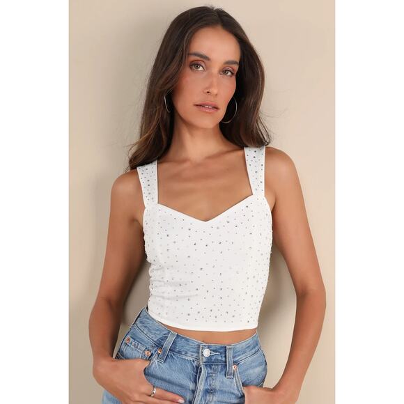 Lulus New! Lively Sparkle White Rhinestone Crop Tank Top Sleevelss Party Vacay L - Picture 1 of 8